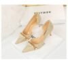 8829-A1 Korean version of high-heeled shallow-mouth pointed side hollow cloth plaid pearl metal chain houndstooth shoes