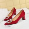 BIGTREE SHOES 6186-k32 European and American Style Banquet Women's Shoes Comfortable Thick Heel High Heel Low-Cut Square Head Satin Metal Rhinestone Buckle Pumps