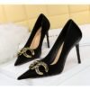 7239-1 European And American Fashion Slim Thin-heeled Super High-heeled Women's Shoes Shallow Pointed Big Metal Buckle Shoes