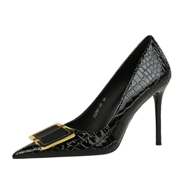 BIGTREE SHOES 3391-K57 European and American Style High Heels Women's Shoes Stiletto Heel Vintage Stone Pattern Patent Leather Pointed Belt Buckle Decoration Pumps