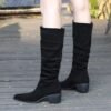 big tree shoes 009-17 Retro European American Style Knight Boots Winter Fashion Women's Boots Mid Heel Chunky Heel Pointed Toe Suede Wrinkle High Leg Boot