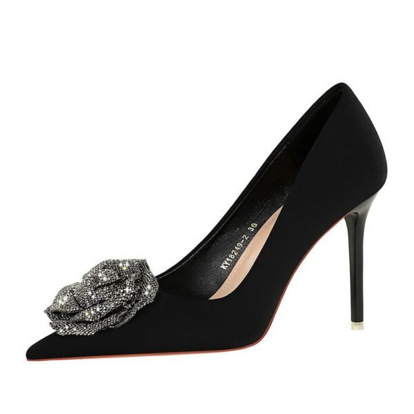 BIGTREE SHOES 18249-H52 European and American High Heels Women's Shoes Stiletto Heel Satin Shallow Mouth Pointed Toe Rhinestone Rose Pumps