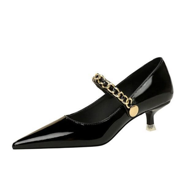 BIGTREE SHOES 237-22 European and American Style Banquet Women's Shoes Mid Heel Shiny Patent Leather Low Mouth Pointed-Toe Metal Chain Ankle-Strap Shoes Women