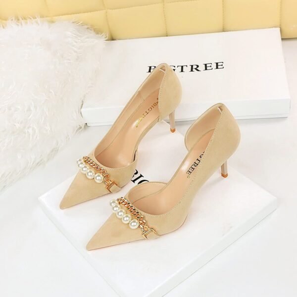 8829-a2 Korean Style Banquet Stiletto Heel Suede Shallow Mouth Pointed Pearl Metal Chain Side Hollow Women's Shoes
