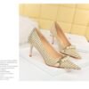 8e42901d944698ffe8e1c4382e7efd87 9283-A1 European and American thin-heeled high-heeled shallow-pointed cloth plaid houndstooth metal chain pearl shoes