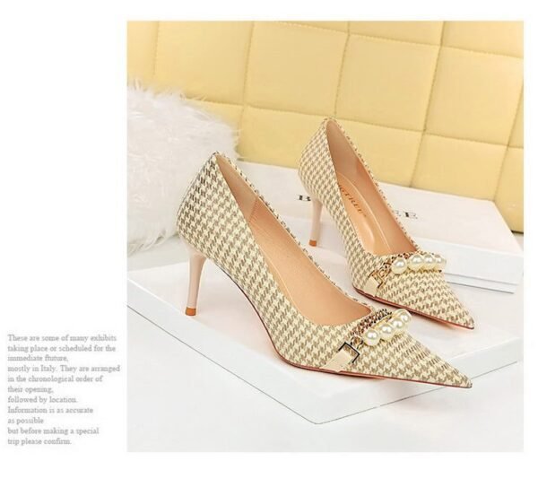 8e42901d944698ffe8e1c4382e7efd87 9283-A1 European and American thin-heeled high-heeled shallow-pointed cloth plaid houndstooth metal chain pearl shoes