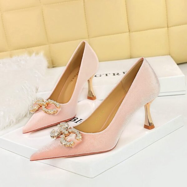BIG TREE SHOES 1818-K79 Banquet High Heels Korean Style Women's Shoes Xishi Suede Shallow Mouth Pointed-Toe Metal Pearl Rhinestone Buckle Pumps