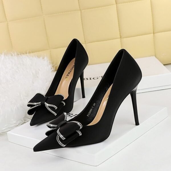 BIG TREE SHOES 3265-h36 Korean Style Banquet High Heels Stiletto Heel Women's Shoes Shallow Mouth Pointed Toe Rhinestone Bow Pumps Women