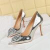 BIGTREE SHOES 1983-H56 Banquet High Heels Women's Shoes Shallow Mouth Pointed Toe European and American Style Metal Stone Pattern Flower Super High Heel Shoes