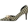 8829-A1 Korean version of high-heeled shallow-mouth pointed side hollow cloth plaid pearl metal chain houndstooth shoes