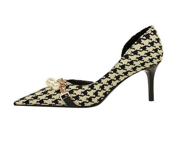 8829-A1 Korean version of high-heeled shallow-mouth pointed side hollow cloth plaid pearl metal chain houndstooth shoes