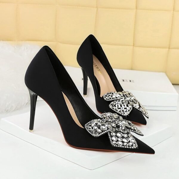 BIG TREE SHOES 18249-h29 European and American Style Banquet High Heels Stiletto Heel Shallow Mouth Pointed Toe Satin Rhinestone Bow High Heel Pumps