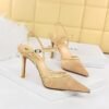 221-8 European and American Thinner Stiletto Heel Shallow Mouth Pointed-Toe Hollowed Mesh Lace Strap Sandals
