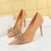 Bigtree Shoes 9511-h39 Korean Style Banquet High Heels Stiletto Heel Suede Shallow Mouth Pointed Toe Rhinestone Bow Women's Shoes