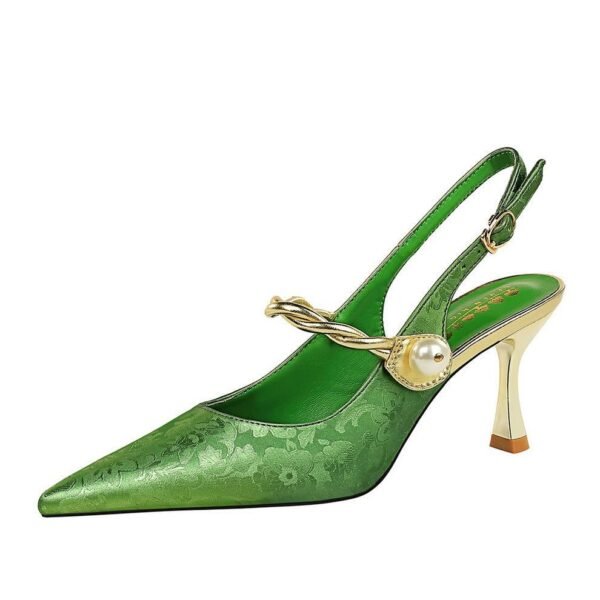 BIGTREE SHOES 3718-5 National Style Women's Shoes Metal Very High Very Low-Cut Pointed-Toe Hollowed Back Strap with Pearl Back Open Shoes