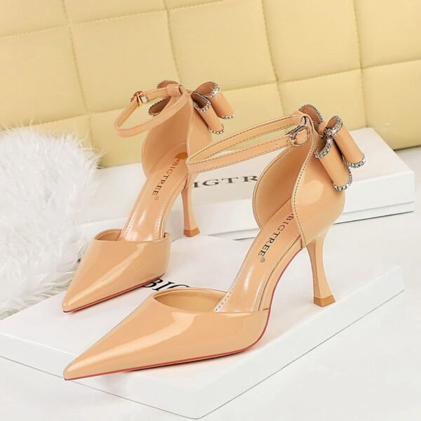 BIGTREE SHOES 8323-H35m Summer Hollow High Heel Shallow Mouth Pointed Patent Leather Strap Back Bow Sandals Women's High Heels