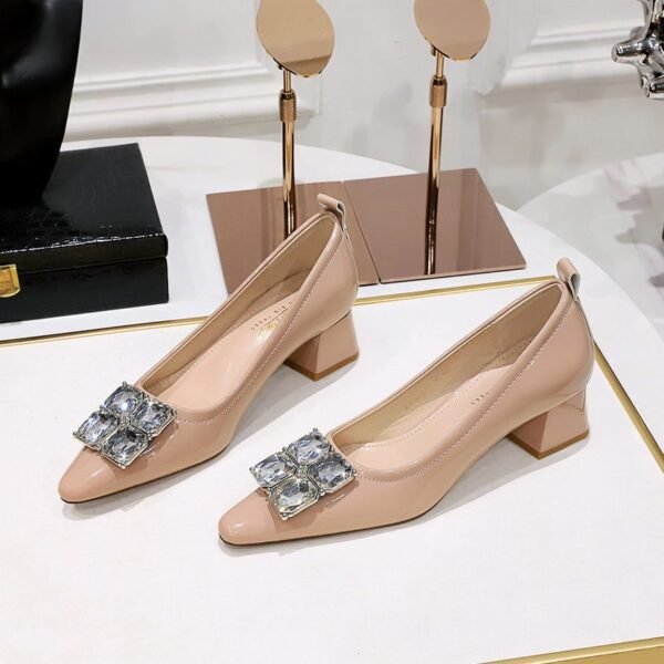 BIGTREE SHOES 1235-K58 Korean Style Fashion Banquet Women's Shoes Chunky Heel Mid Heel Patent Leather Shallow Mouth Small Sharp Point Square Rhinestone Buckle Pumps