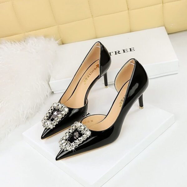 BIG TREE SHOES 638-Ak30 European and American Style Banquet Women's Shoes Stiletto Heel Patent Leather Low-Cut Pointed Toe Side Hollow Rhinestone Buckle Women's Shoes