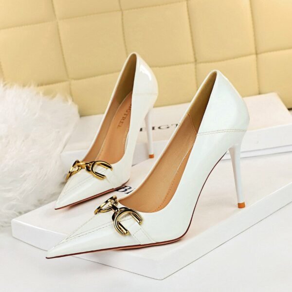 6122-7Women's high-heeled shoes, thin heel, bright finish, patent leather, shallow mouth, pointed OL high heel-Bigtree shoes