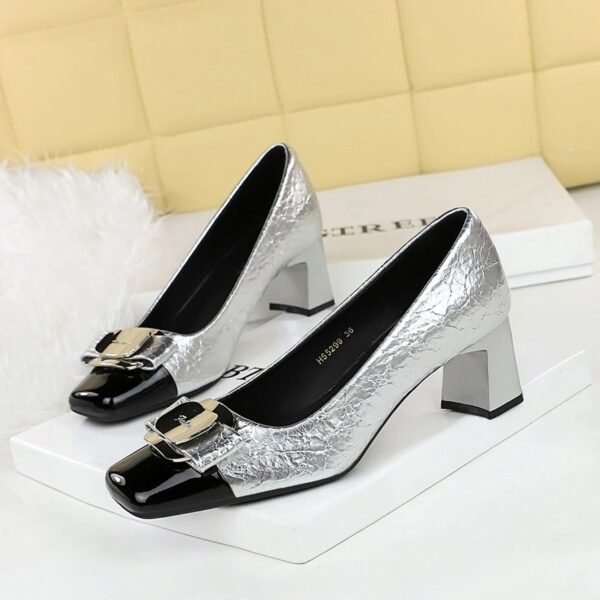 BIGTREE SHOES 5299-k91 European and American Style Fashion Business Ol Commuter Women's Shoes Color Matching Square Toe Low-Cut Metal Buckle Bow Pumps