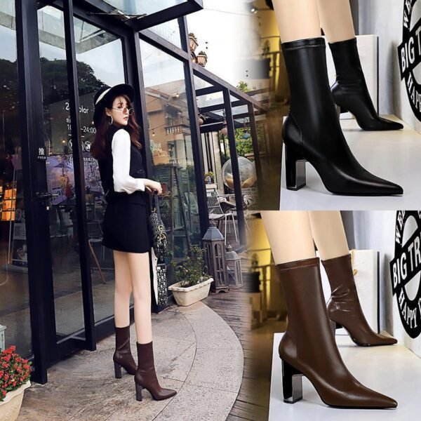 BIG TREE SHOES 3128-12 European and American Style Fashion Skinny Boots Metal Chunky Heel High Heel Pointed Toe Thinner Winter Boots