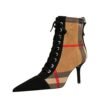 BIG TREE SHOES 8788-13 Korean Style Fashion Stiletto High Heel Pointed Toe Plaid Colorblock Suede Lace-up Trendy Cross Strap Ankle Boots