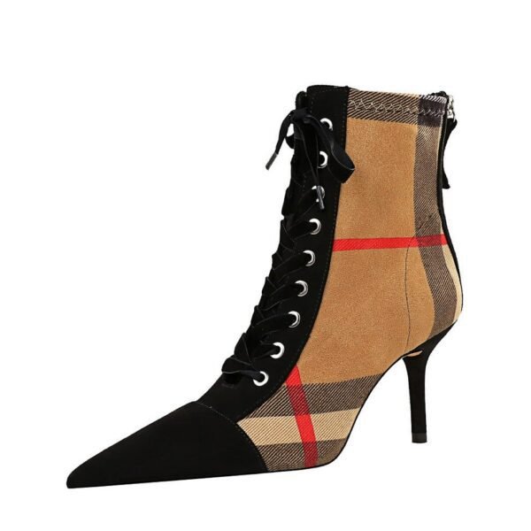 BIG TREE SHOES 8788-13 Korean Style Fashion Stiletto High Heel Pointed Toe Plaid Colorblock Suede Lace-up Trendy Cross Strap Ankle Boots