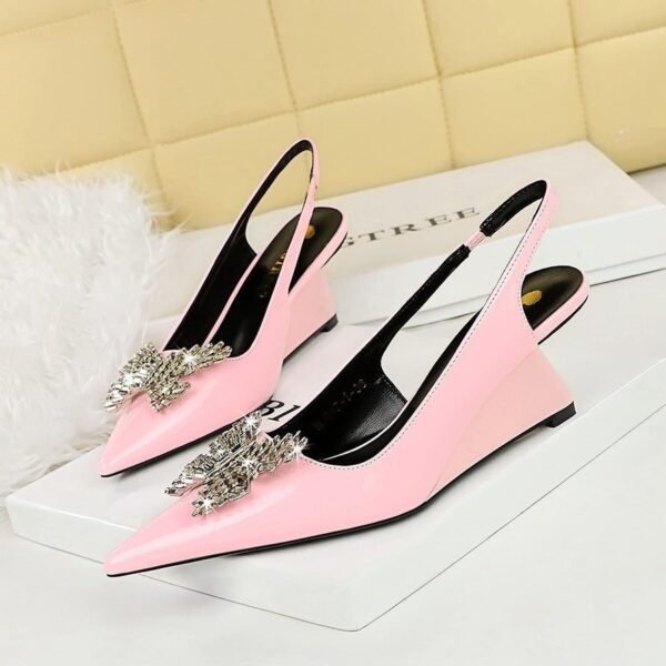 BIGTREE SHOES 1097-k53 High Heel Wedge Patent Leather Shallow Mouth Pointed Hollow Back Strap Metal Rhinestone Bow Single-Layer Shoes Women's Shoes