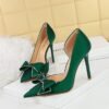 BIGTREE SHOES 626-H37 European and American Style Banquet High Heels Stiletto Low-Cut Pointed Toe Side Hollow Rhinestone Bow Pumps Women's Shoes