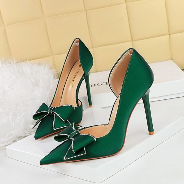 BIGTREE SHOES 626-H37 European and American Style Banquet High Heels Stiletto Low-Cut Pointed Toe Side Hollow Rhinestone Bow Pumps Women's Shoes