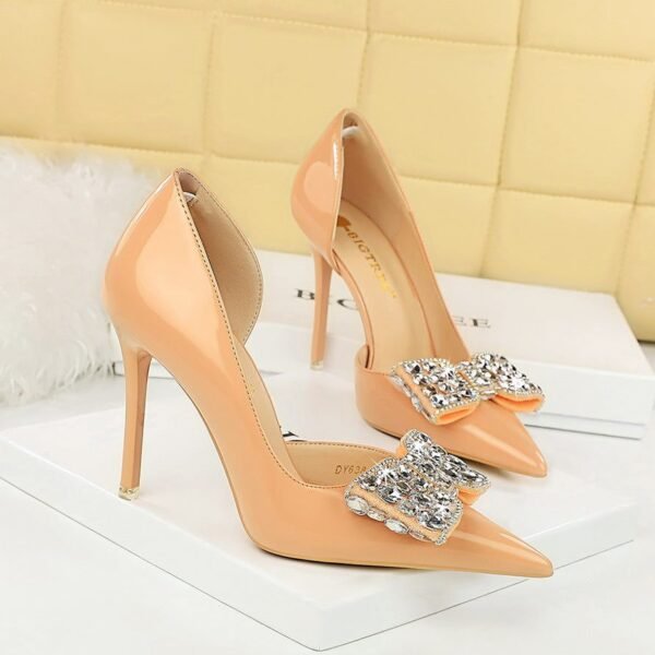BIG TREE SHOES 638-H20 Korean Style Banquet High Heels Stiletto Low-Cut Pointed Side Hollow Patent Leather Rhinestone Bow Pumps Women