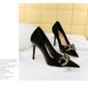 7239-1 European And American Fashion Slim Thin-heeled Super High-heeled Women's Shoes Shallow Pointed Big Metal Buckle Shoes