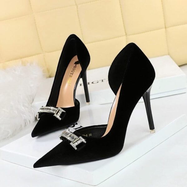 Bigtree Shoes 1363-K80 European and American Style High Heels Stiletto Heel Women's Shoes Thickened Suede Shallow Mouth Pointed Toe Side Hollow Rhinestone Buckle Single-Layer Shoes
