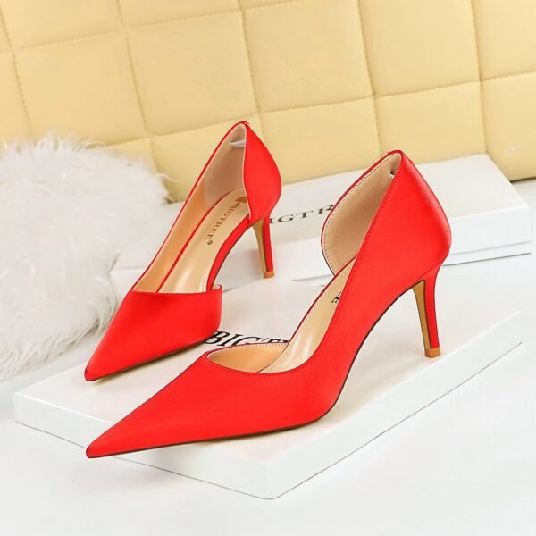 BIG TREE 3165-A8 European and American Fashion Minimalist Banquet Side Hollow High Heel Stiletto Low Mouth Pointed Toe Satin Women's Shoes