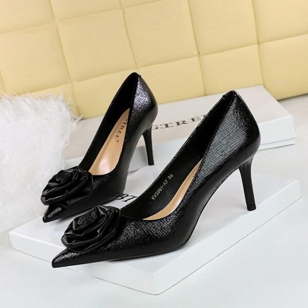 BIGTREE SHOES 3391-ah56 European and American Style Banquet High Heels Women's Shoes Stiletto Heel Shallow Mouth Pointed Flower Rose Pumps