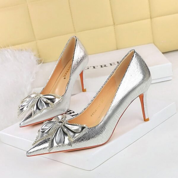 96f986493b4ff06bb7a82393f9edc878 BIGTREE SHOES 3391-ah53 European and American Style Banquet Women's Shoes Stiletto Heel Shallow Mouth Pointed Toe Rhinestone Bow Pumps High Heels