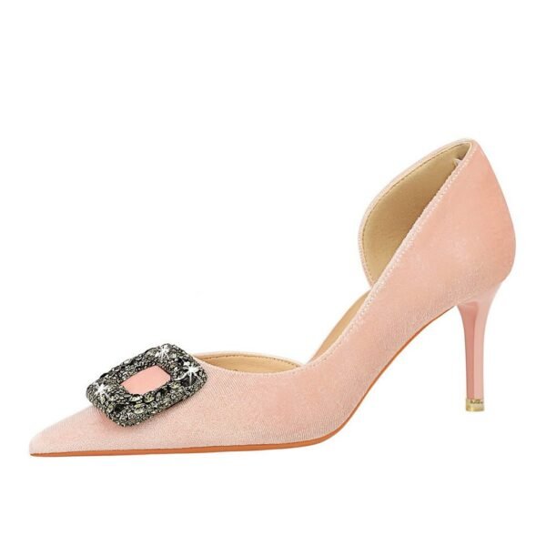 BIGTREE SHOES 1363-Ak83 Korean Style Banquet High Heel Xishi Suede Shallow Mouth Pointed Side Hollow Metal Rhinestone Buckle Pumps Women