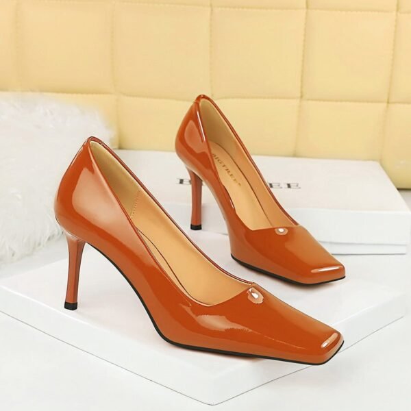 BIG TREE SHOES 7731-3 European and American Style Fashionable Simple Glossy High Heels Patent Leather Stilettos High Heel Low-Cut Square Toe Shoes Women's Shoes