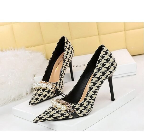 9283-1 European and American style houndstooth high-heeled high-heeled shallow-pointed pearl chain plaid women's shoes
