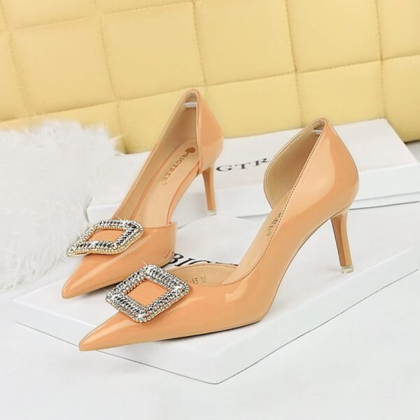 BIG TREE SHOES 638-Ak32 European and American Style Banquet Women's Shoes High Heel Shiny Patent Leather Shallow Mouth Pointed Side Hollow Rhinestone Buckle Pumps Women