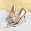 BIGTREE SHOES 3391-H56 Retro European American Style Banquet Women's Shoes Super High Heel Stiletto Shallow Mouth Pointed Toe Flower Shoes Women's High Heels