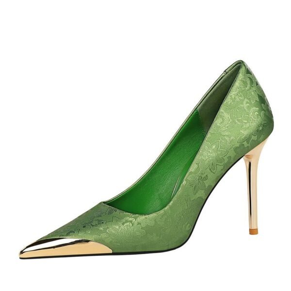 BIGTREE SHOES 9318-10 National Style Women's Shoes High Heels Silk Stiletto Low-Cut Metal Pointed Toe Satin Banquet High Heel Pumps Women