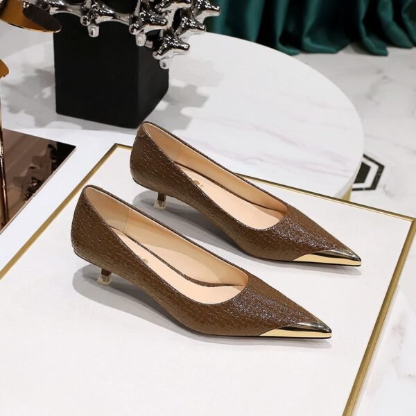 BIGTREE SHOES 237-27 Retro European American Style Banquet Women's Shoes Slimming Stiletto Mid-Heel Shallow Mouth Metal Pointed Tilta Snake Pattern Pumps