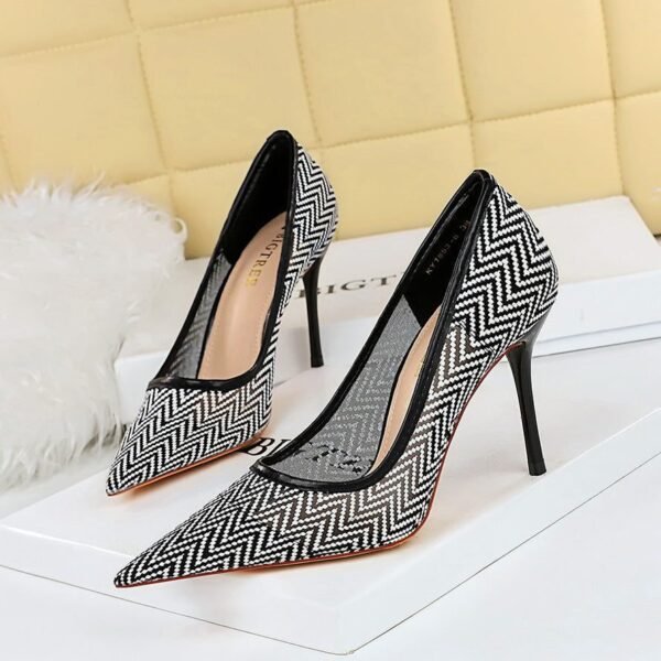 BIG TREE SHOES 1963-3 European and American Fashion High Heels Women's Shoes Stiletto Heel Shallow Mouth Pointed Toe Mesh Hollow-out Lace Shoes