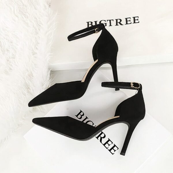 BIGTREE SHOES 8386-8 European and American Style Simple Hollow Women's Shoes Stiletto Heel Shallow Mouth Pointed Toe Suede Hollow-out Strap Sandals