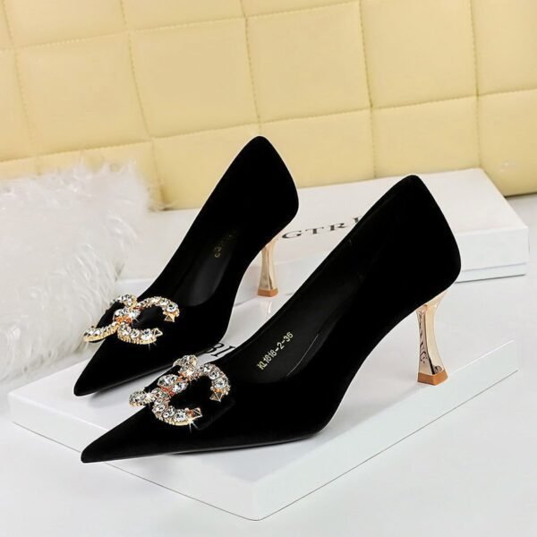 BIG TREE SHOES 1818-K77 Banquet High Heels Women's Shoes High Heel Low-Cut Pointed-Toe Xishi Suede Rhinestone Buckle Bow Pumps Women