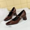 BIGTREE SHOES 5292 Retro European American Style Mid Heel Chunky Heel Low-Cut Stitching Square Head Rhinestone Buckle Ankle-Strap Shoes Spring and Autumn Women's Shoes