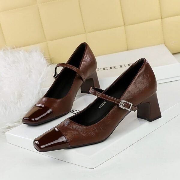 BIGTREE SHOES 5292 Retro European American Style Mid Heel Chunky Heel Low-Cut Stitching Square Head Rhinestone Buckle Ankle-Strap Shoes Spring and Autumn Women's Shoes