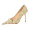 9283-1 European and American style houndstooth high-heeled high-heeled shallow-pointed pearl chain plaid women's shoes