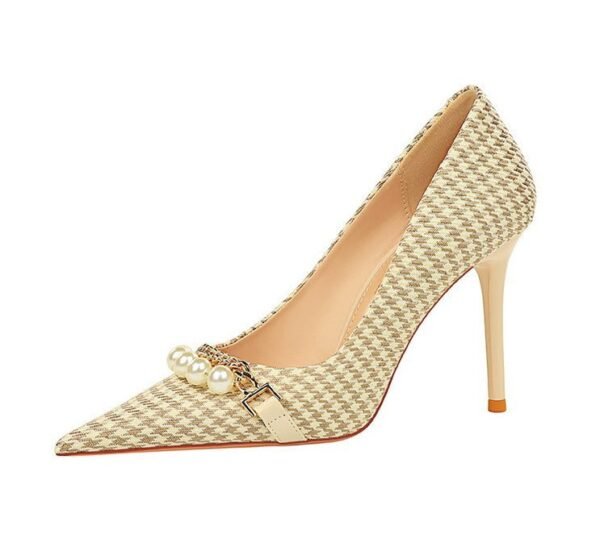 9283-1 European and American style houndstooth high-heeled high-heeled shallow-pointed pearl chain plaid women's shoes
